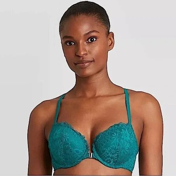 Auden Push Up Plunge Racerback Bra Size 34DD Front Clasp Teal Coverage NEW - Picture 1 of 7